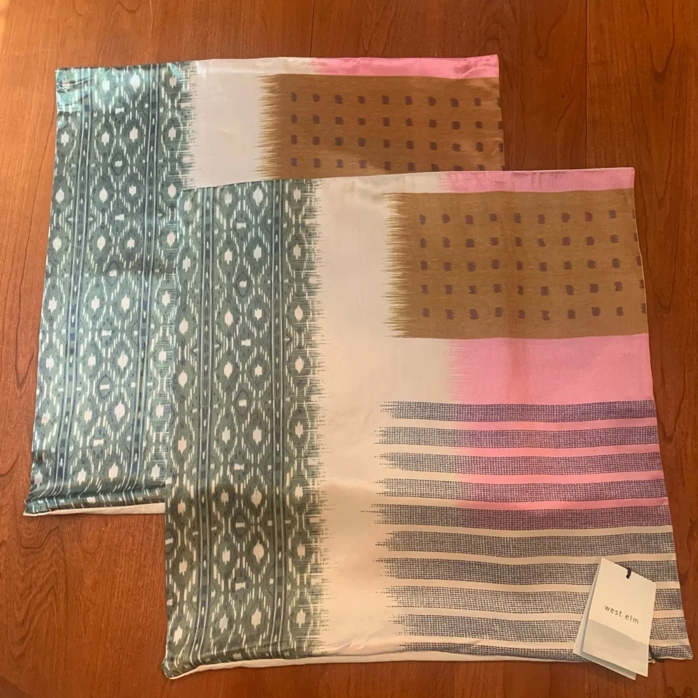 West Elm Blocked Ikat Silk Decorative Pillow Covers Set of Two